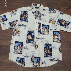 Mens Puritan Brand Casual Fishing Shirt, Short Sleeve, Boating & Fish Pattern M